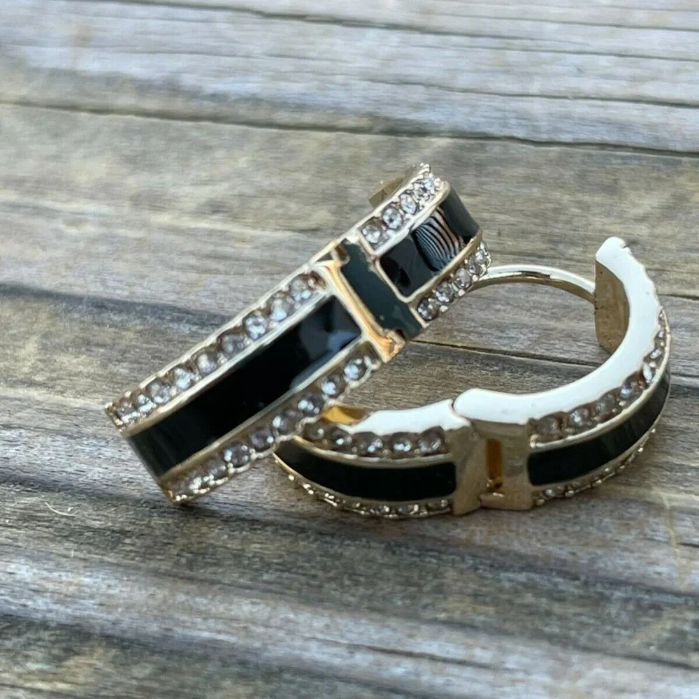 DKNY Women Earrings GoldBlack Tone Crystal Accent Hinge Ladies Ear Jewelry New - Picture 4 of 12